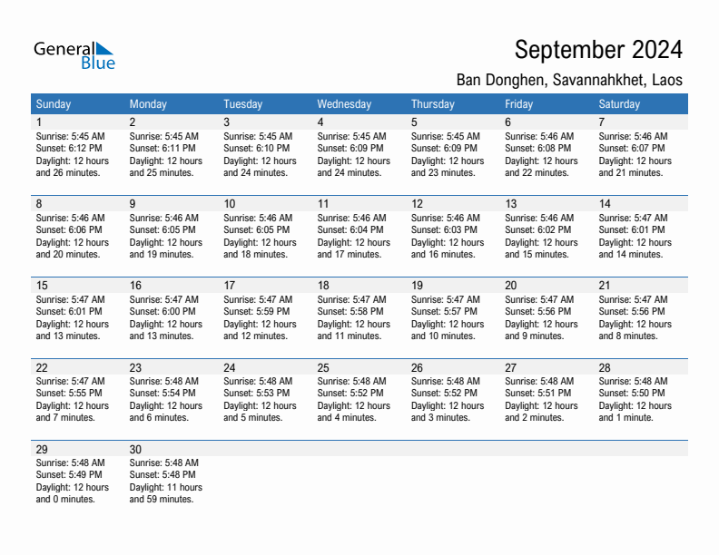 Ban Donghen September 2024 sunrise and sunset calendar in PDF, Excel, and Word