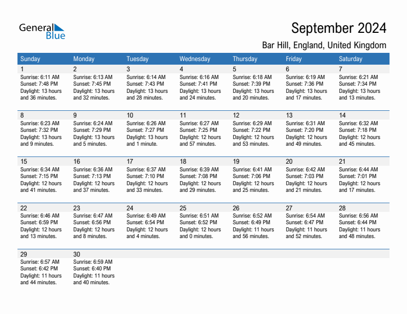 Bar Hill September 2024 sunrise and sunset calendar in PDF, Excel, and Word