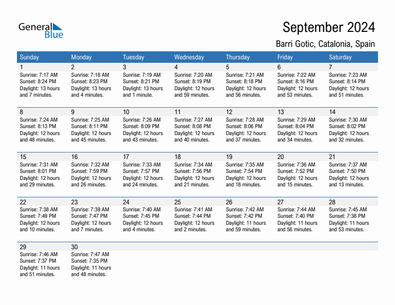 Barri Gotic September 2024 sunrise and sunset calendar in PDF, Excel, and Word