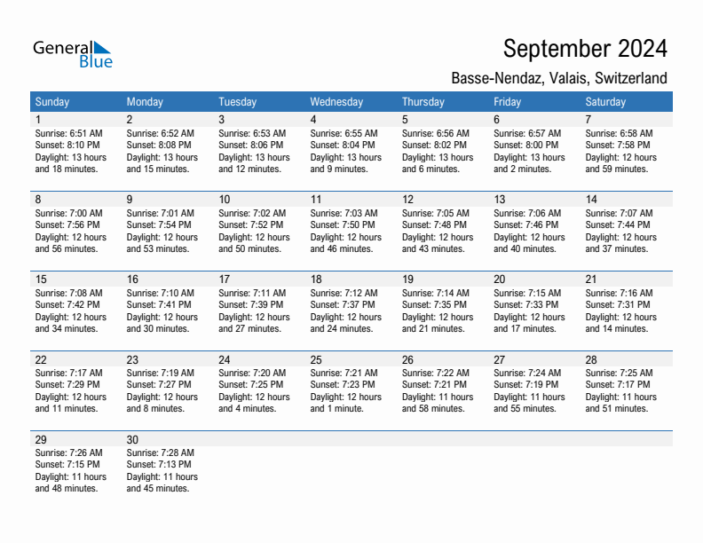 Basse-Nendaz September 2024 sunrise and sunset calendar in PDF, Excel, and Word