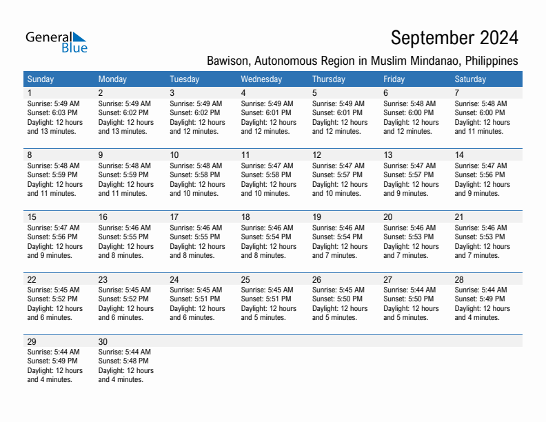 Bawison September 2024 sunrise and sunset calendar in PDF, Excel, and Word