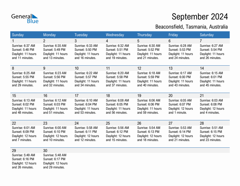 Beaconsfield September 2024 sunrise and sunset calendar in PDF, Excel, and Word