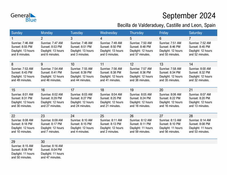 Becilla de Valderaduey September 2024 sunrise and sunset calendar in PDF, Excel, and Word