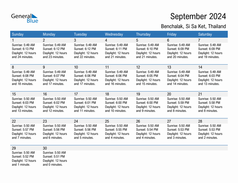 Benchalak September 2024 sunrise and sunset calendar in PDF, Excel, and Word