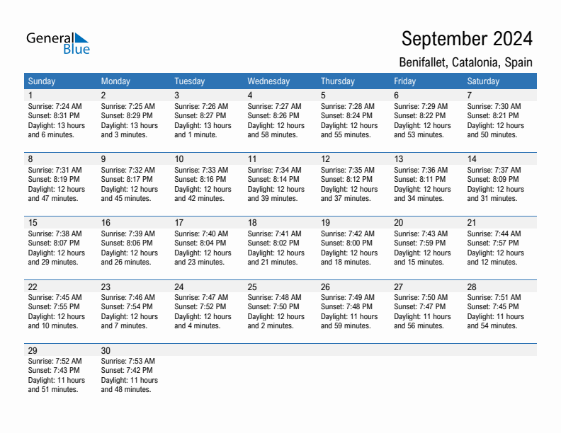 Benifallet September 2024 sunrise and sunset calendar in PDF, Excel, and Word