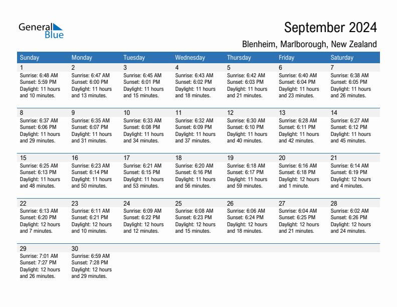 Blenheim September 2024 sunrise and sunset calendar in PDF, Excel, and Word