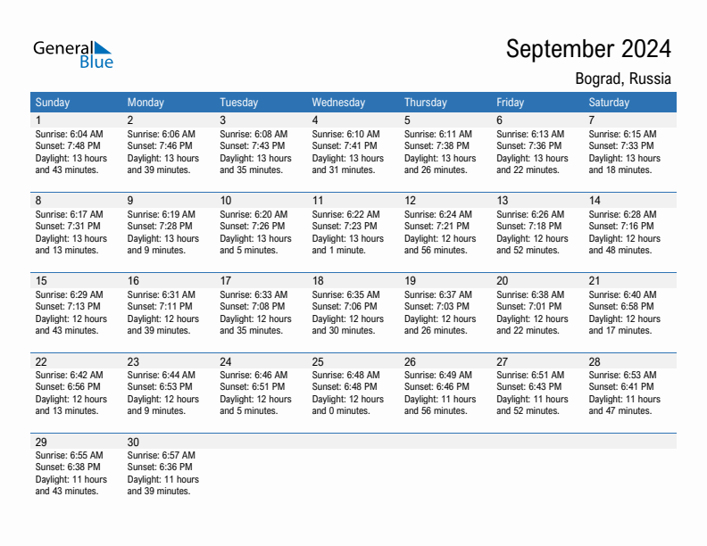 Bograd September 2024 sunrise and sunset calendar in PDF, Excel, and Word