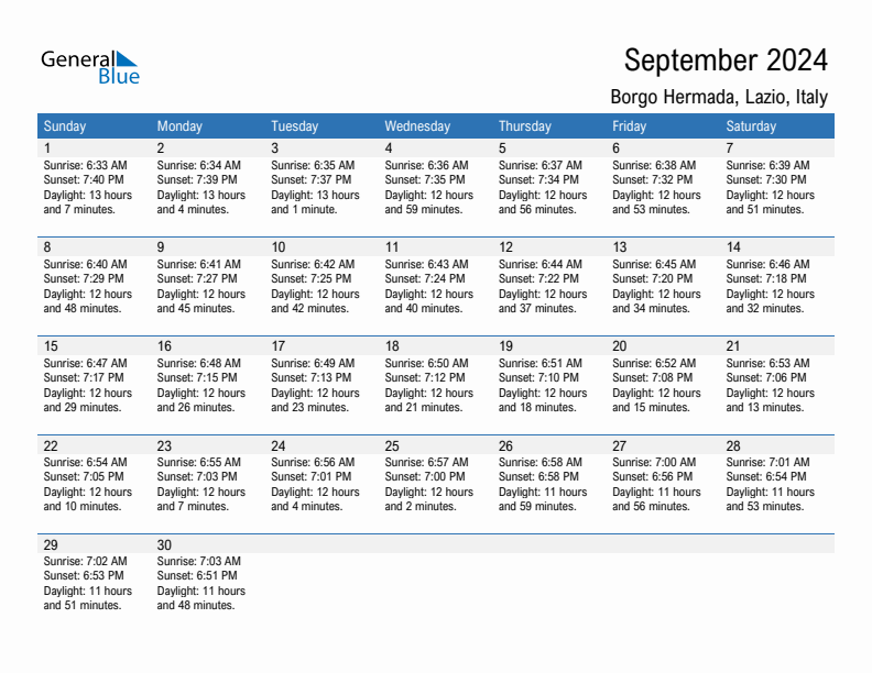 Borgo Hermada September 2024 sunrise and sunset calendar in PDF, Excel, and Word