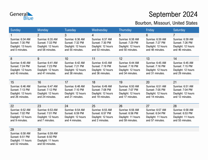 Bourbon September 2024 sunrise and sunset calendar in PDF, Excel, and Word