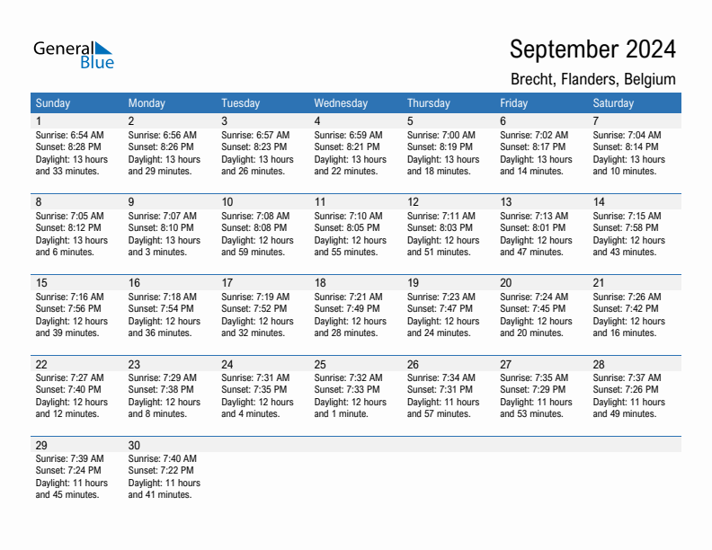 Brecht September 2024 sunrise and sunset calendar in PDF, Excel, and Word