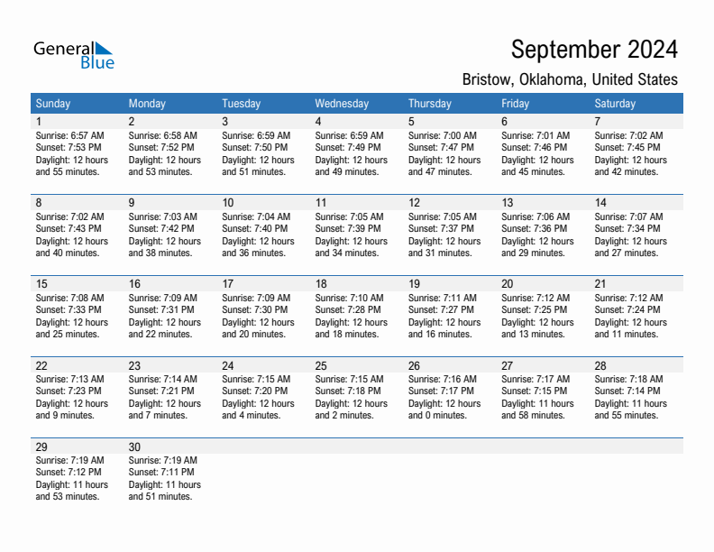 Bristow September 2024 sunrise and sunset calendar in PDF, Excel, and Word