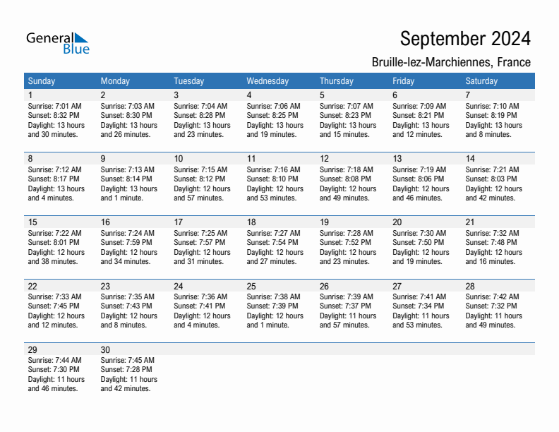 Bruille-lez-Marchiennes September 2024 sunrise and sunset calendar in PDF, Excel, and Word