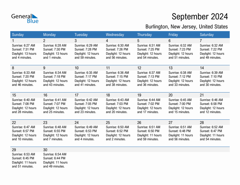 Burlington September 2024 sunrise and sunset calendar in PDF, Excel, and Word