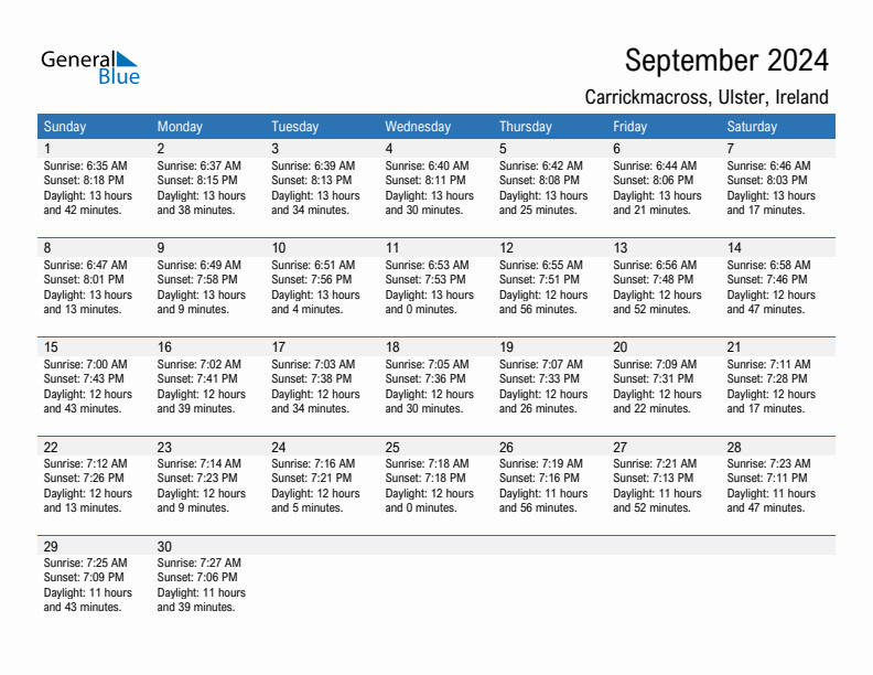 Carrickmacross September 2024 sunrise and sunset calendar in PDF, Excel, and Word