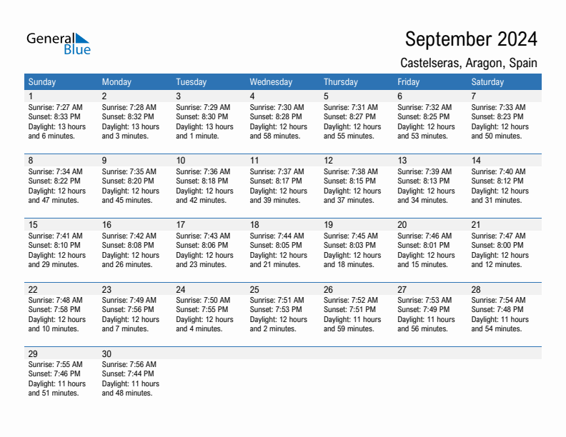 Castelseras September 2024 sunrise and sunset calendar in PDF, Excel, and Word