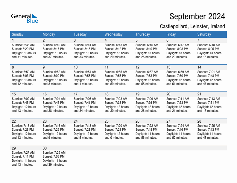 Castlepollard September 2024 sunrise and sunset calendar in PDF, Excel, and Word