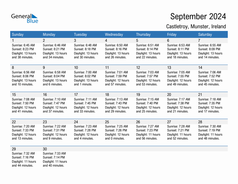 Castletroy September 2024 sunrise and sunset calendar in PDF, Excel, and Word