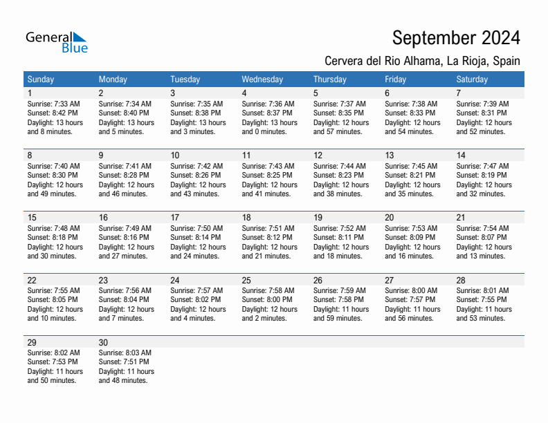 Cervera del Rio Alhama September 2024 sunrise and sunset calendar in PDF, Excel, and Word