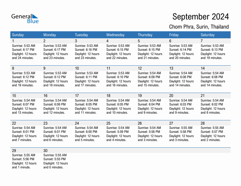 Chom Phra September 2024 sunrise and sunset calendar in PDF, Excel, and Word