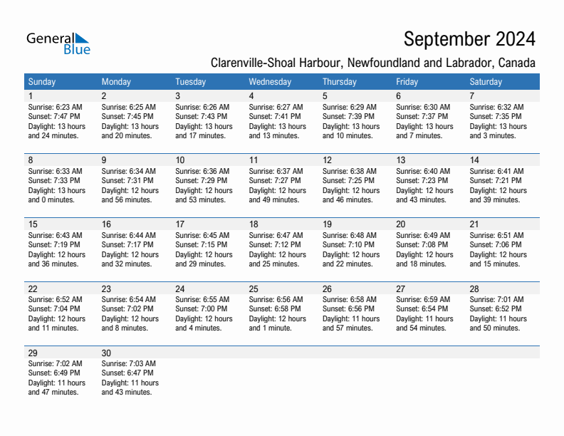 Clarenville-Shoal Harbour September 2024 sunrise and sunset calendar in PDF, Excel, and Word