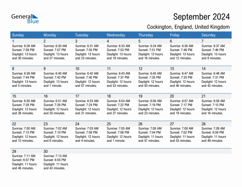 Cockington September 2024 sunrise and sunset calendar in PDF, Excel, and Word