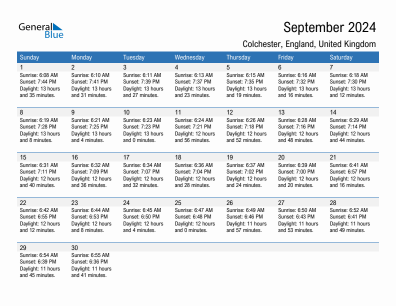 Colchester September 2024 sunrise and sunset calendar in PDF, Excel, and Word