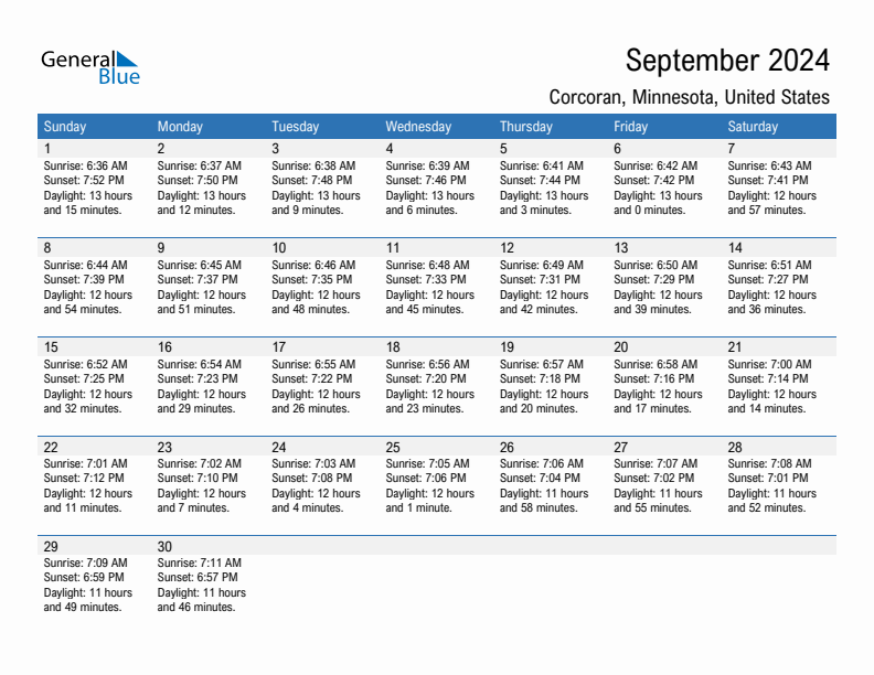 Corcoran September 2024 sunrise and sunset calendar in PDF, Excel, and Word