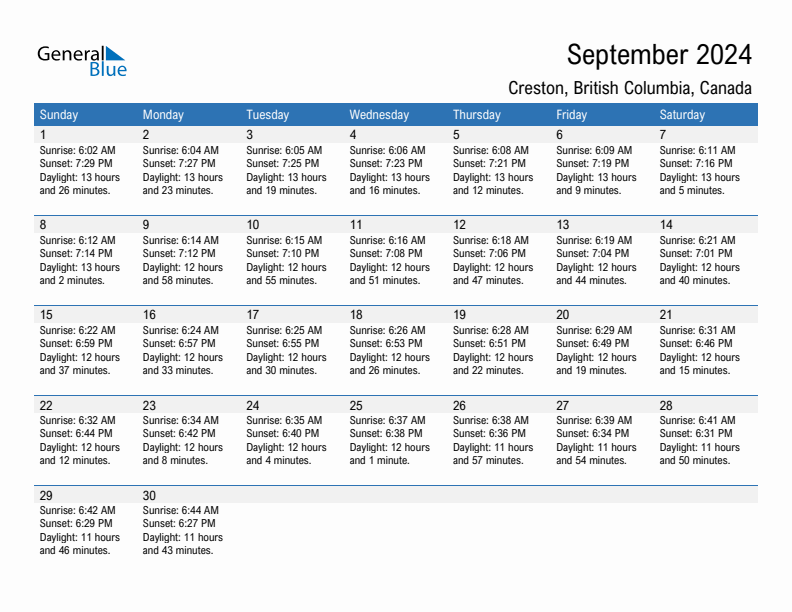 Creston September 2024 sunrise and sunset calendar in PDF, Excel, and Word