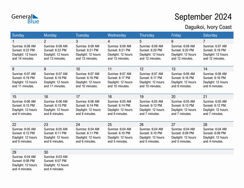 Daguikoi September 2024 sunrise and sunset calendar in PDF, Excel, and Word