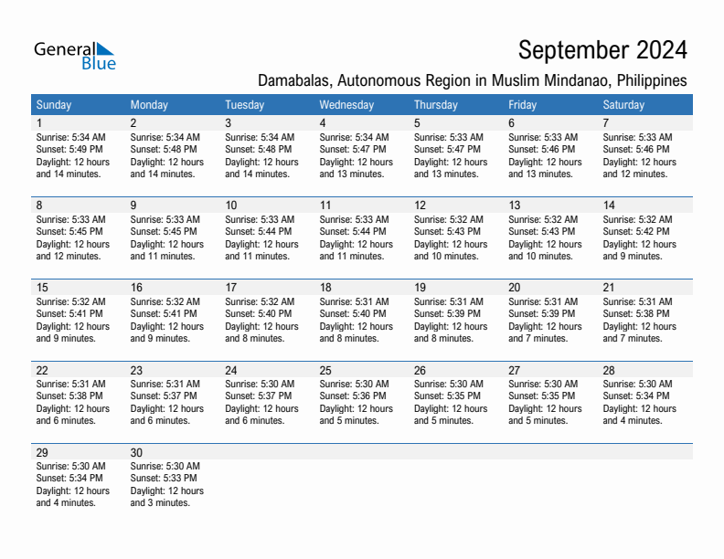 Damabalas September 2024 sunrise and sunset calendar in PDF, Excel, and Word