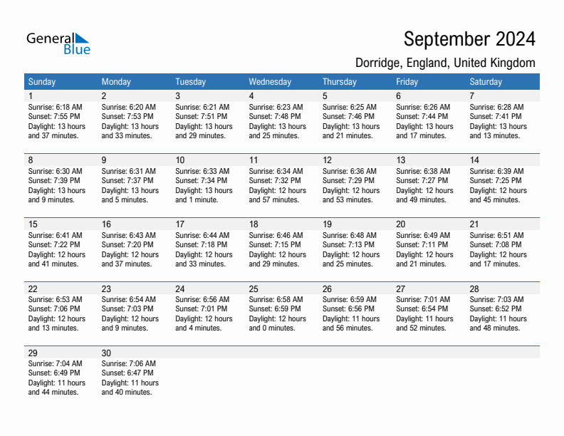 Dorridge September 2024 sunrise and sunset calendar in PDF, Excel, and Word