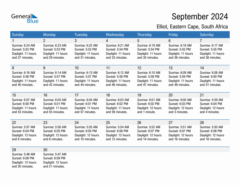 Elliot September 2024 sunrise and sunset calendar in PDF, Excel, and Word