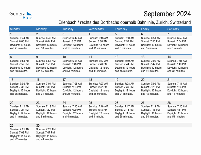 Erlenbach / rechts des Dorfbachs oberhalb Bahnlinie September 2024 sunrise and sunset calendar in PDF, Excel, and Word