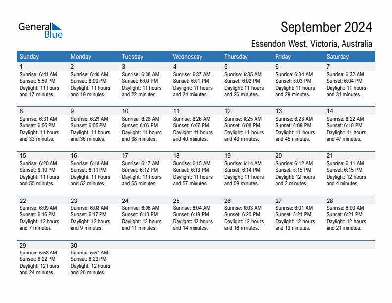 Essendon West September 2024 sunrise and sunset calendar in PDF, Excel, and Word