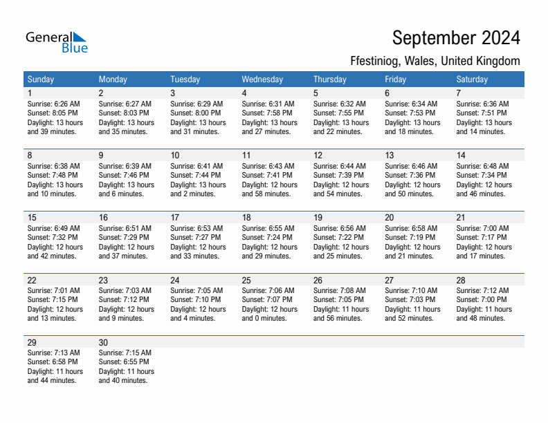 Ffestiniog September 2024 sunrise and sunset calendar in PDF, Excel, and Word