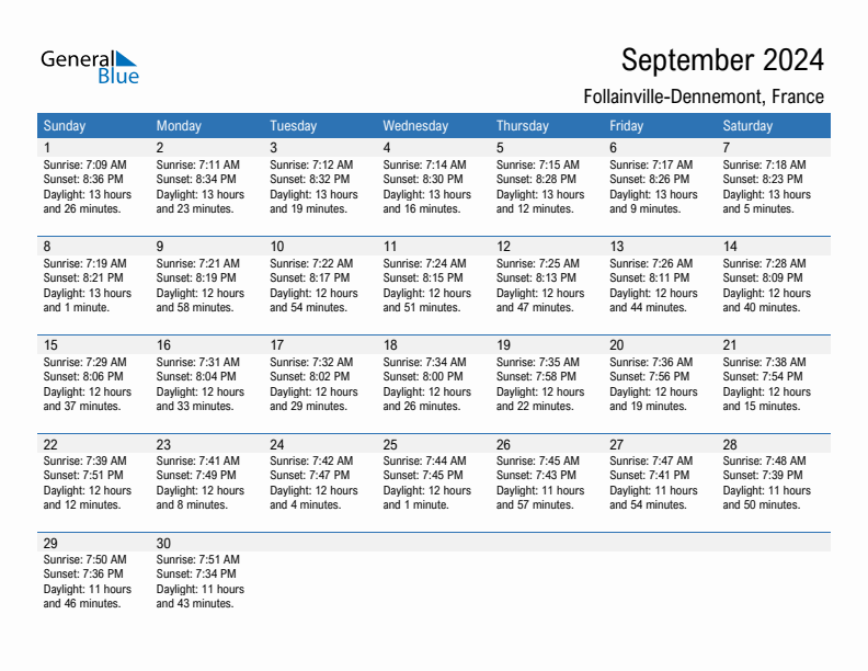 Follainville-Dennemont September 2024 sunrise and sunset calendar in PDF, Excel, and Word