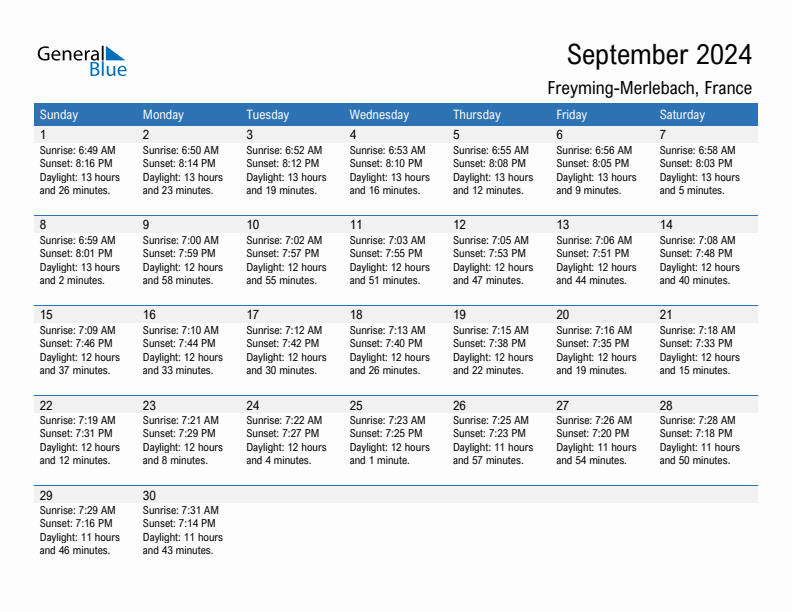 Freyming-Merlebach September 2024 sunrise and sunset calendar in PDF, Excel, and Word