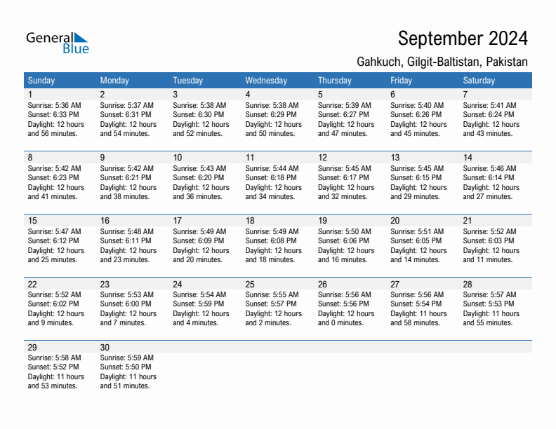 Gahkuch September 2024 sunrise and sunset calendar in PDF, Excel, and Word