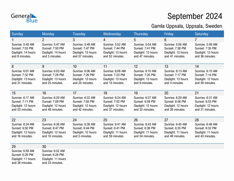 Gamla Uppsala September 2024 sunrise and sunset calendar in PDF, Excel, and Word