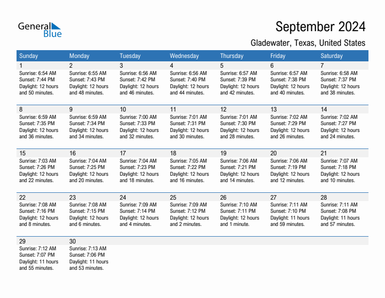 Gladewater September 2024 sunrise and sunset calendar in PDF, Excel, and Word