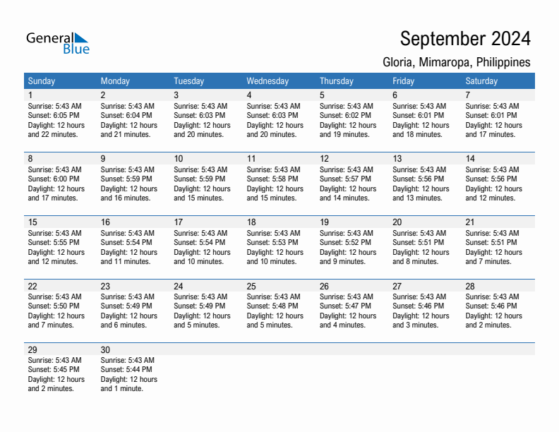 Gloria September 2024 sunrise and sunset calendar in PDF, Excel, and Word