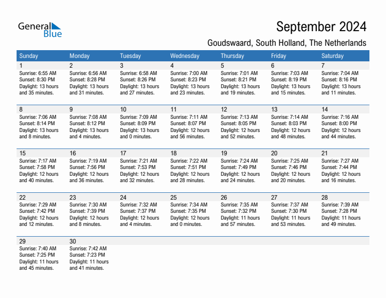 Goudswaard September 2024 sunrise and sunset calendar in PDF, Excel, and Word