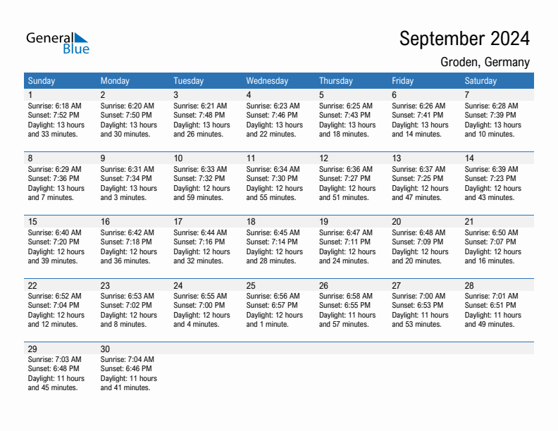 Groden September 2024 sunrise and sunset calendar in PDF, Excel, and Word