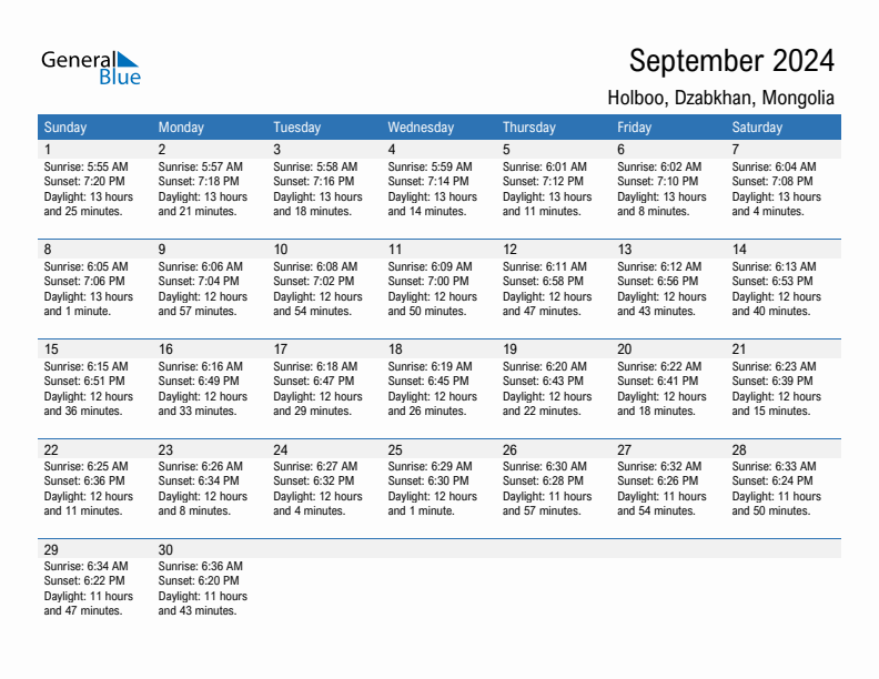 Holboo September 2024 sunrise and sunset calendar in PDF, Excel, and Word