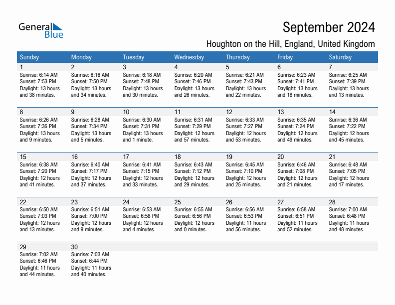 Houghton on the Hill September 2024 sunrise and sunset calendar in PDF, Excel, and Word