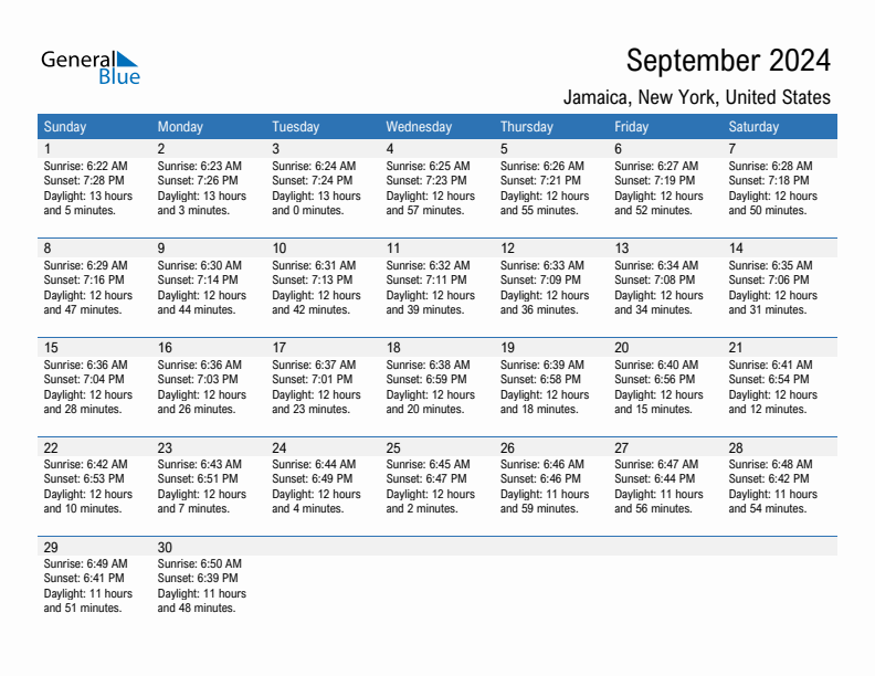 Jamaica September 2024 sunrise and sunset calendar in PDF, Excel, and Word