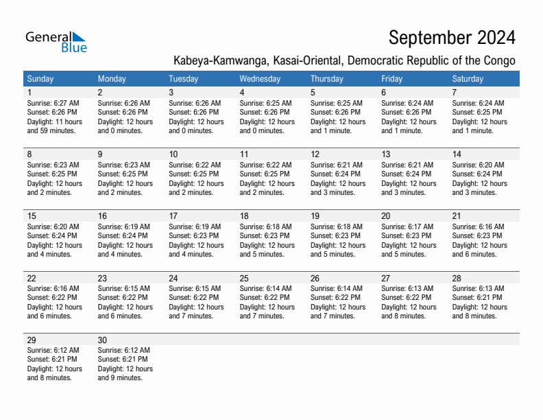 Kabeya-Kamwanga September 2024 sunrise and sunset calendar in PDF, Excel, and Word