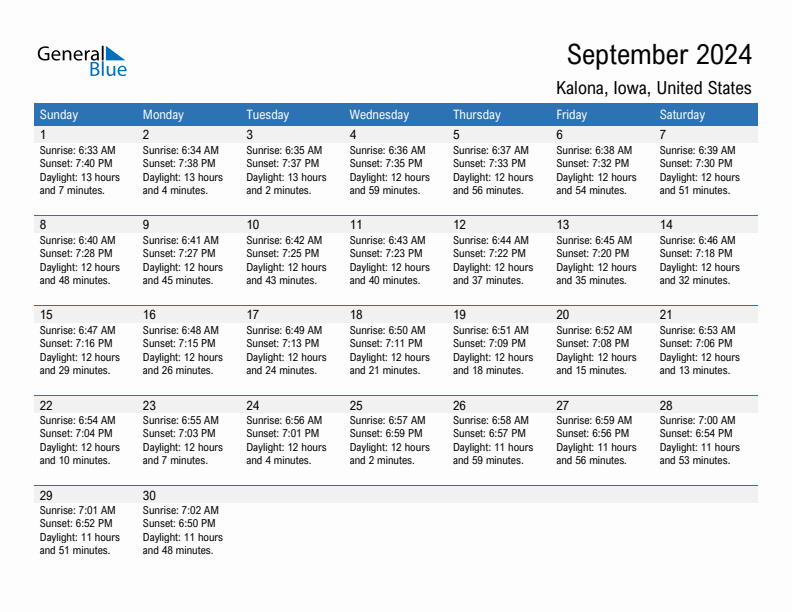 Kalona September 2024 sunrise and sunset calendar in PDF, Excel, and Word