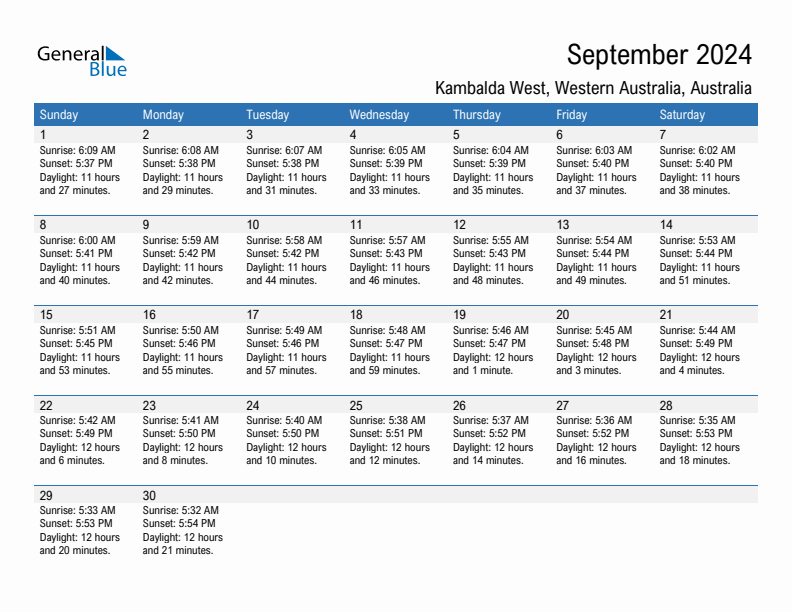 Kambalda West September 2024 sunrise and sunset calendar in PDF, Excel, and Word