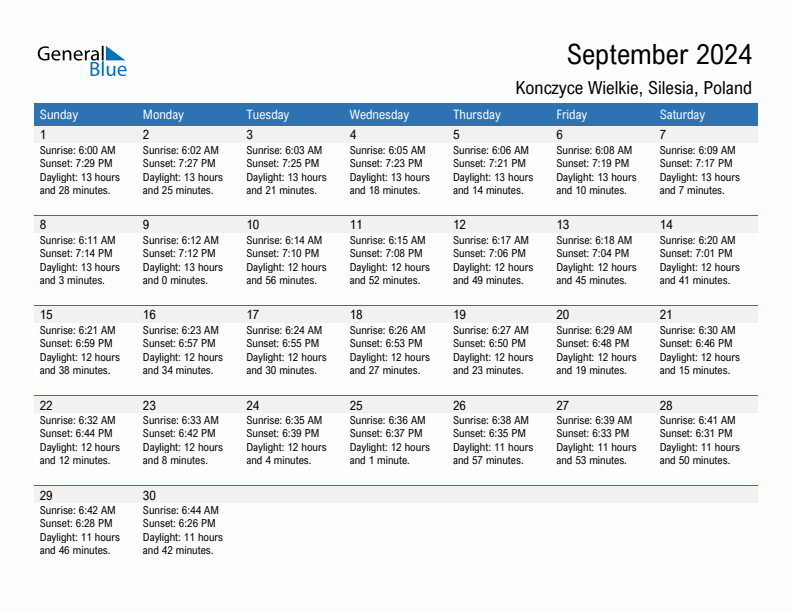 Konczyce Wielkie September 2024 sunrise and sunset calendar in PDF, Excel, and Word